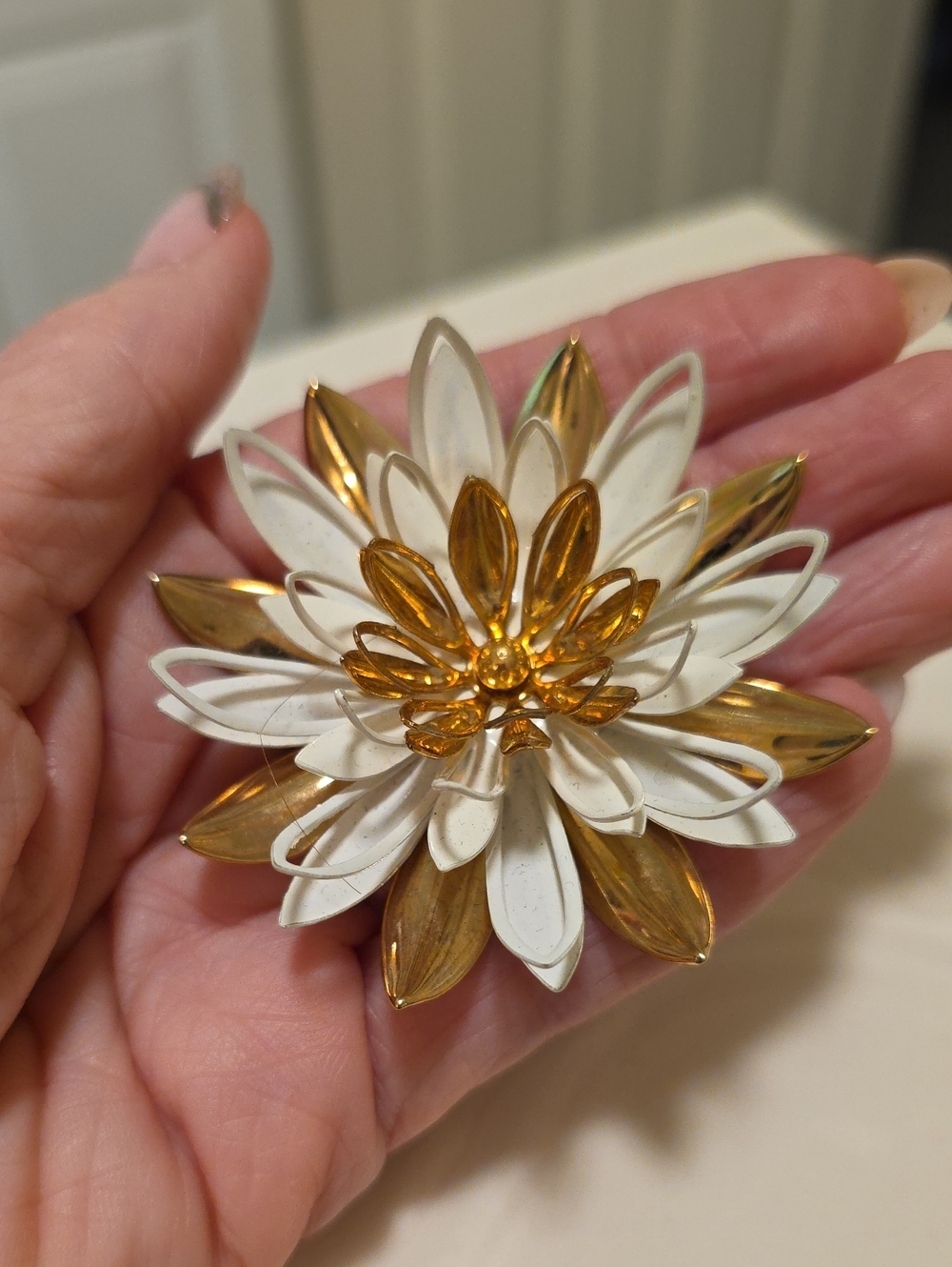 Gold and White Flower Brooch Pin